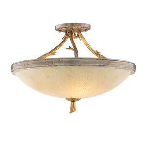 Parc Royale Semi-Flush Ceiling Light with Vintage Gold Finish and Golden Ice Glass Shade