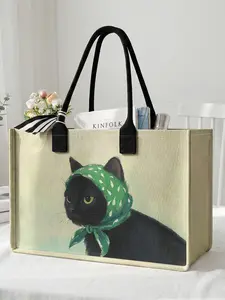 1 piece of 2D printed large-capacity storage bag with black cat and green scarf pattern, extra large storage bag, sturdy handle, space-saving multi-purpose, suitable for use at school, on business trips, and shopping, Casual Shopping Bag