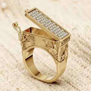 Vintage Gold Engraved Flip-Top Men's Ring, Popular in Europe and America, Fully Encrusted with Diamonds, Luxurious Men's Ring