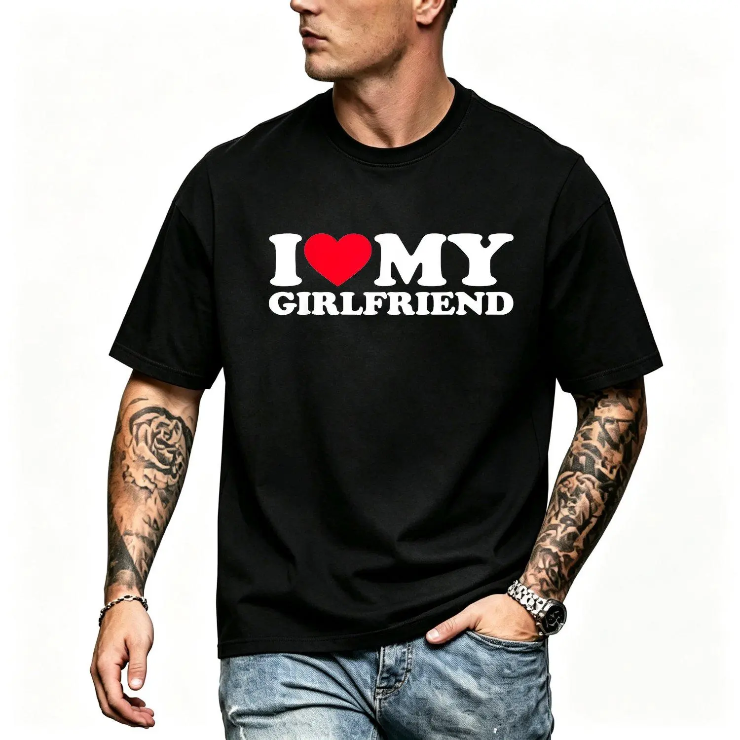 Men's Short-Sleeve Sports T-shirts Featuring "I Love My Girlfriend" Graphic Design Athletic Wear Casual