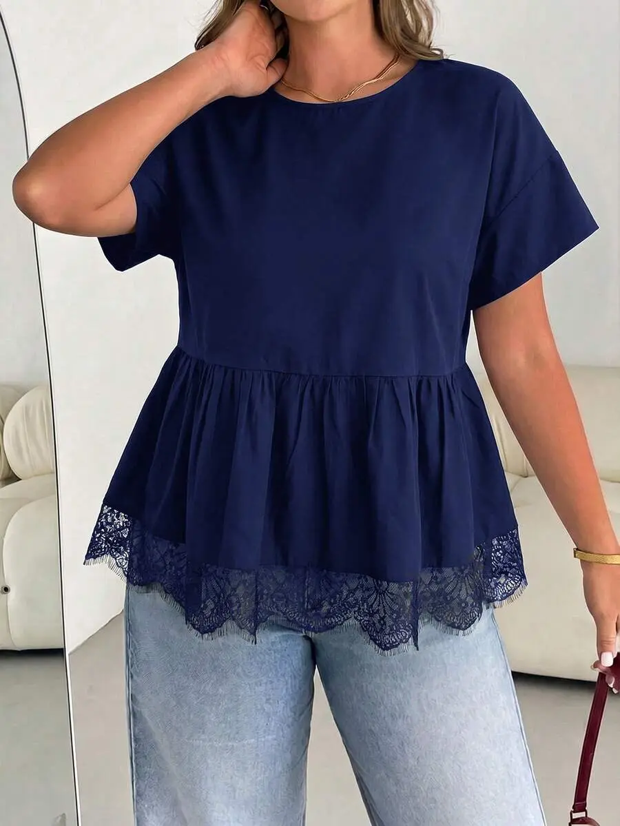 CurveHaus x Shapeblank Plus Size Women's Spring/Summer Casual Elegant Loose Navy Blue Lace Trim Hem Short Sleeve Babydoll Top, Going Out Evening Formal Top, Summer Blouse