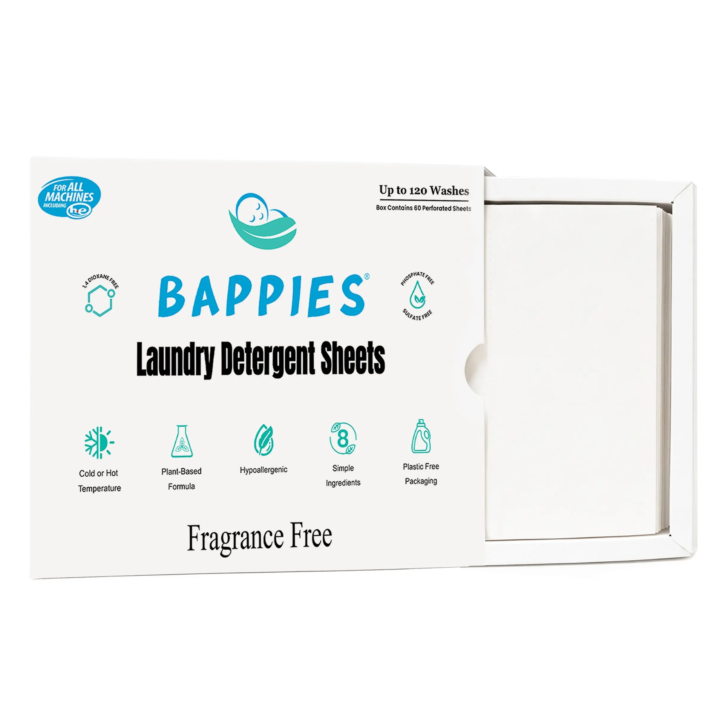 Bappies Fragrance-Free Plant-Based Laundry Detergent Sheets - Sensitive Skin Safe, Plastic-Free, Biodegradable, HE-Compatible, Baby & Family Use Household Cleaner