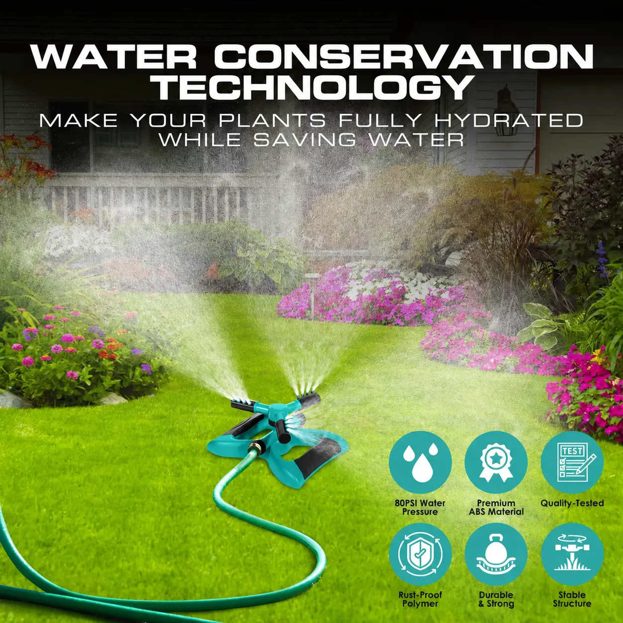 360° Rotary Mechanical Sprinkler Nozzle Watering Equipment - Heavy Duty Weighted Base, 3 Adjustable Arms, Expandable Connection, Wide Coverage, Garden Hose Compatible for Yard, Grass/Patio, Hose Attachment & Liquid Spraying Use