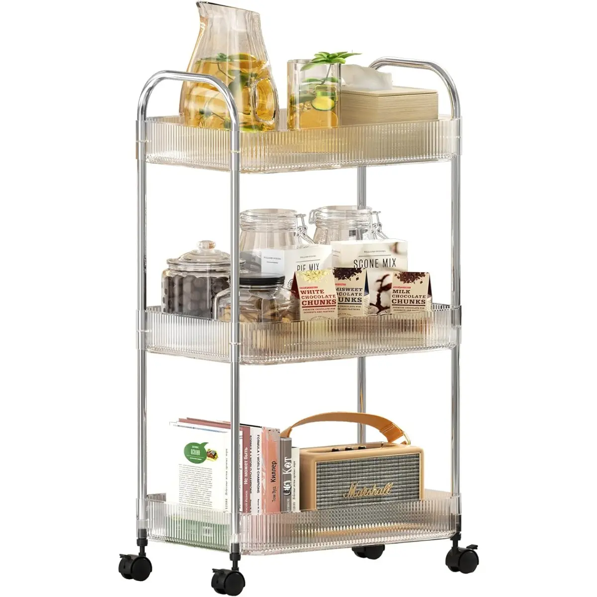 Tier Rolling Cart with Wheels and Handle, Clear Acrylic Movable Storage Organizer for Kitchen, Bathroom, Nursery, Laundry, Books, Snacks, Crafts