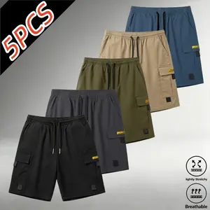 5-Pack Men’s Quick-Dry Cargo Shorts, Lightweight Breathable Fabric with Slight Stretch, Drawstring Elastic Waist, Side 3D Patch Pockets with Webbing Decoration, Multi-Color Outdoor Running Casual Cargo Shorts