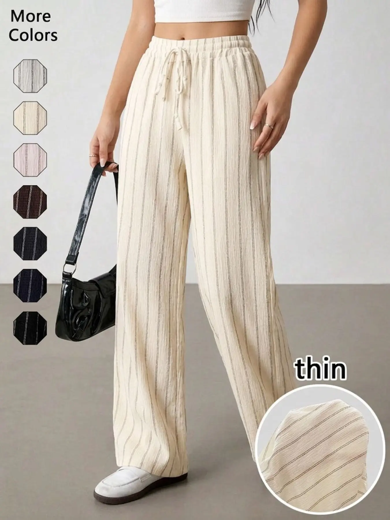 Women's Casual Sporty Basic Long Pants, Casual Trousers, Striped Waist Straight Leg, Loose Fit, Baggy, Oversized, Daily Wear, Pocketed High-Waisted Wide Leg Pants, Bottom, Fashion
