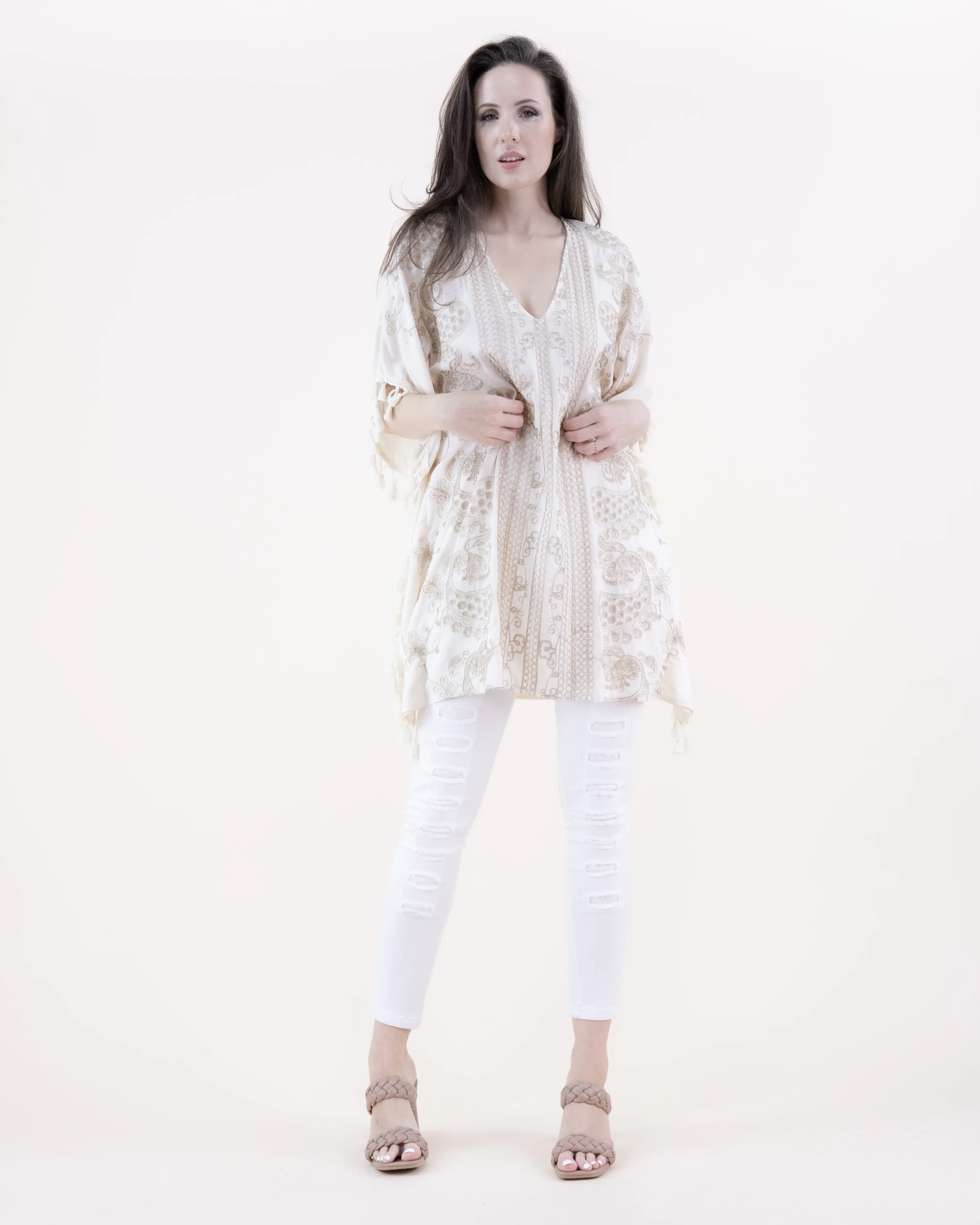 Women's Gold Shimmery Ivory, Paisley Floral Embroidered, Tassel-Trim, V-Neck, Kimono-Sleeve Tunic Blouse