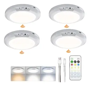Pack of 4 Rechargeable Motion Sensor Ceiling Light with Remote - Magnetic Wireless Ceiling Light Battery Powered for Closet Shower Stairs Shed Hallway Porch Patio ect,Suitable for various scenarios, easy to install,Supports both motion-sensing and always