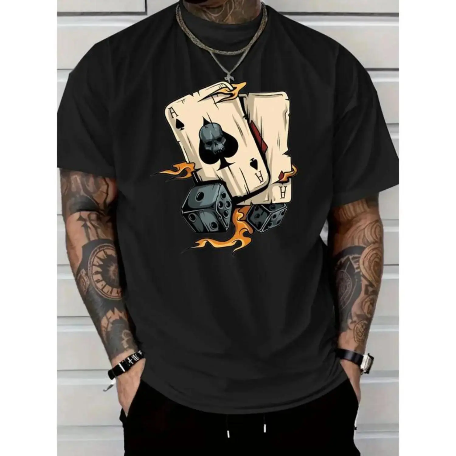 Men's Pure Cotton Casual Black T-shirt - Round Neck, Short Sleeve, Complex Skull and Mechanical Pattern, Summer Fashion Menswear Top