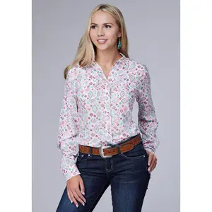 Womens Long Sleeve Snap Scattered Aztec Printed Rayon Western Blouse