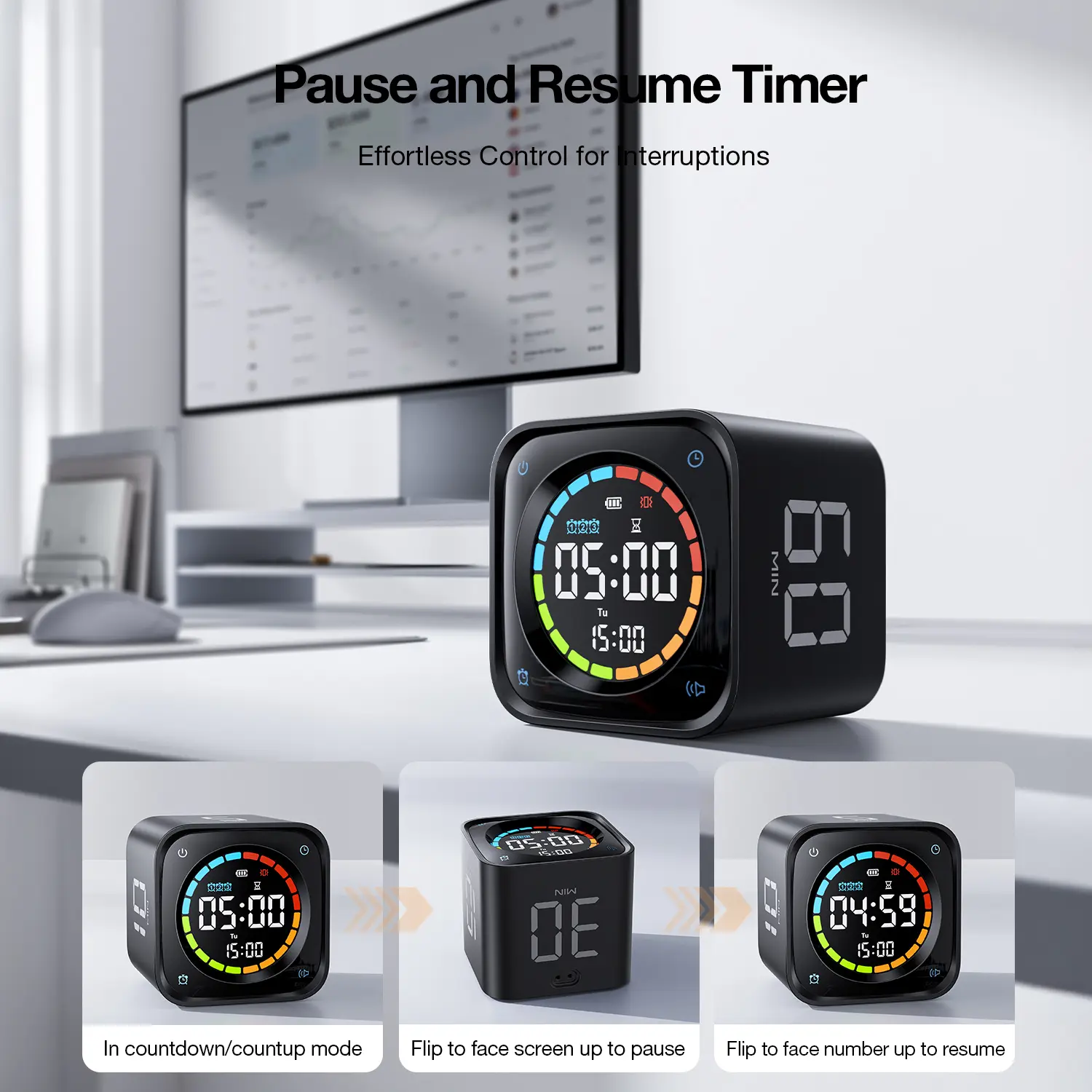 TK3 Pomodoro Timer Cube, Desk Productivity Timer with 5/10/30/60