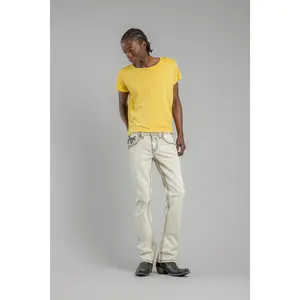 Men's Classic Beige Bootcut Jeans - Embroidered Long Cotton Casual Pants with Leather Accents, Functional Pocket, Decorated Embellished Stylish Menswear Bottoms, Embroidery, Bootcut Men's Jeans