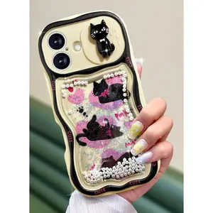 for iPhone 16 Case 6.1 Inch - Women Girls Cute Cats with Sliding Camera Cover Glitter Unique Teens Girly Pretty Design Flowing Liquid Quicksand Cover for iPhone 16 Phone Case