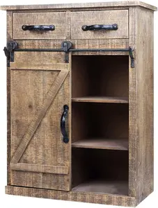 32''H Storage Cabinet with Sliding Barn Door Wood End Table Country Vintage Furniture Rustic
