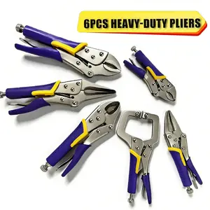 6-Piece Locking Pliers Set Heavy Duty Carbon Steel Vise Grip Pliers Curved Jaw Long Nose with C-Clamp Non-Slip TPR Handle Roll-Up Storage Pouch