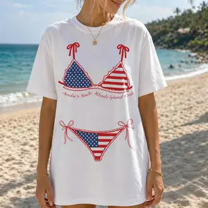 Retro vacation style National flag-themed bikini Unisex Plus Size Summer Graphic Tees Personalized Pattern Y2k Clothing Round Neck Short-Sleeved Cotton T-Shirt, Women's Clothing 100% Cotton, Menswear, Top, Vintage Style, Casual Oversized