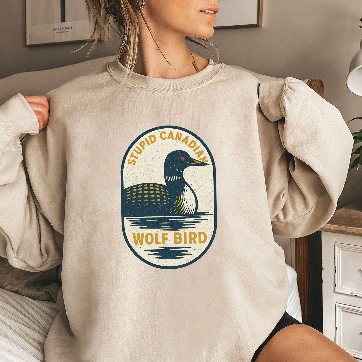 Women's Graphic Sweatshirt, Oversized Funny Canadian Wolf Bird Hoodie, Loose Fit Cotton Blend Knit Pullover, Unique Hockey Meme Gift, Polyester, Tops, Unique Sweatshirt, Solid, Female Hoodie, All Seasons, Animal Lover Gift, Casual