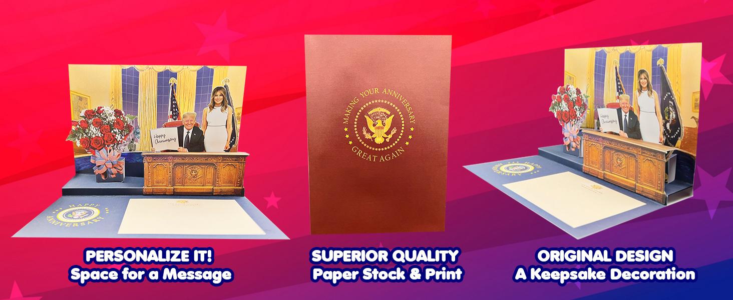 Trump Pop Up Anniversary Card with Real Voice, Lights & Music - 3D Scene Plays Happy Anniversary in Donald Trump's Voice - Funny Novelty Greeting Card for Couple, Husband & Wife (Oval Office)