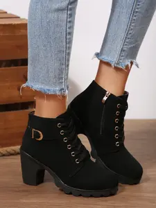 Women's High Heel Classic Side Zipper Boots, Buckle Strap Chunky Sole Short Booties, Round Toe Lace-Up Ankle Boots Footwear