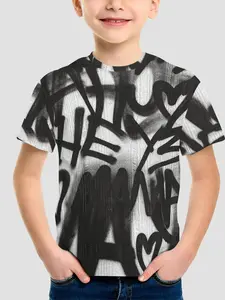 Boys Polyester Fashion Graffiti Print T-Shirt, 100% Polyester Casual Graphic Tee for All Seasons, Perfect Gift for Kids' Outdoor Activities