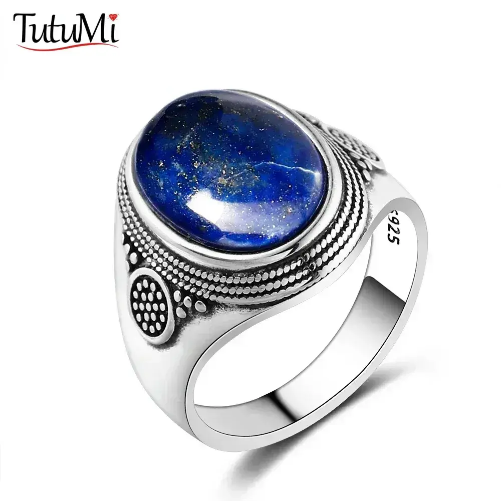 Vintage 925 Sterling Silver Ring Oval Natural Lapis Rings Retro Silver Black Rings With Blue Stone Fine Jewelry Gift For Men