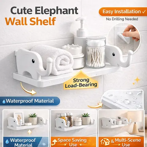 1-Layer Cute Animal Elephant Indoor Wall Shelf - No-Drill Wall Hanging Rack with PVC Adhesive Tape, Waterproof Adhesive Hook, Space-Saving Bathroom Storage Organizer, Home Decor