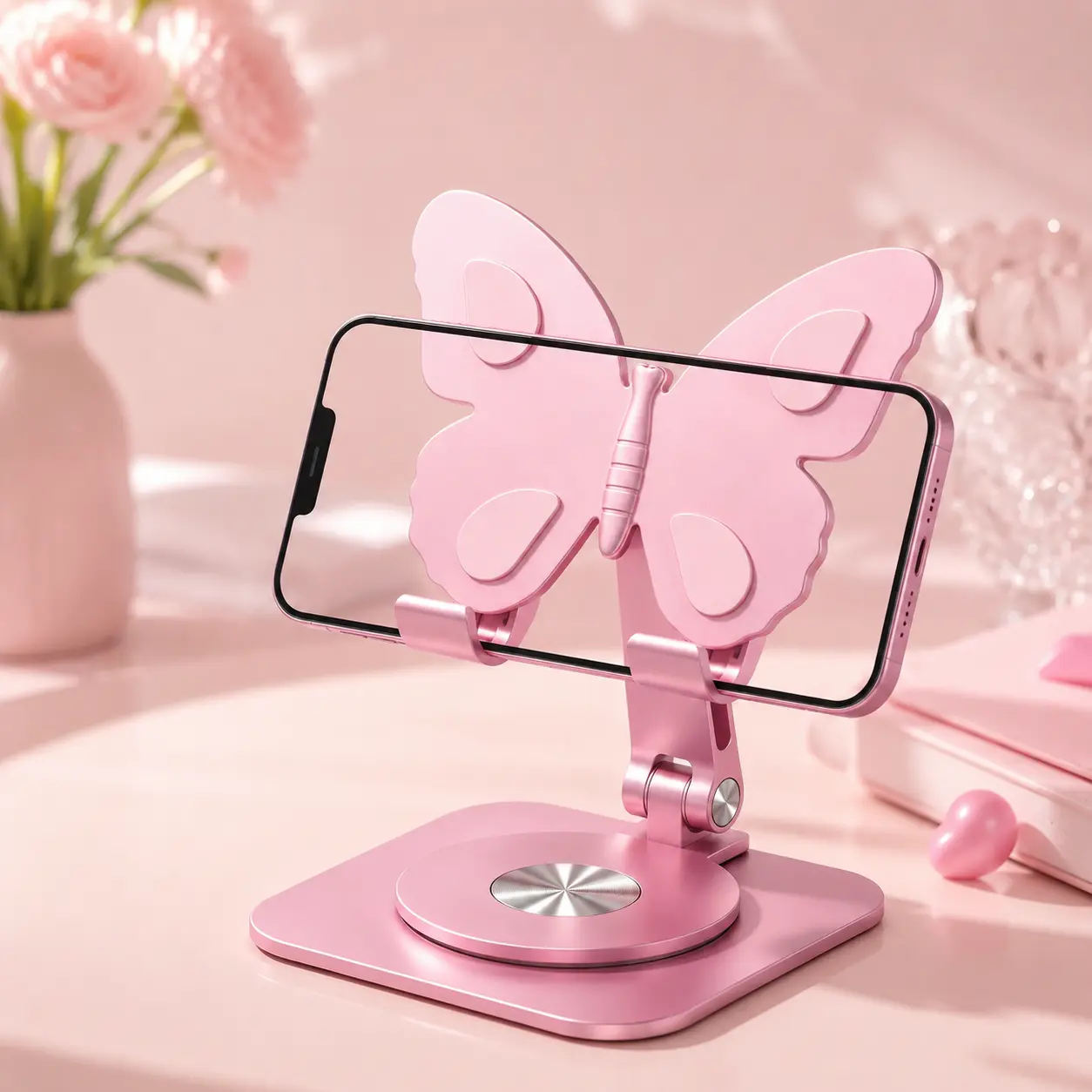 2026 New 360° Rotating Butterfly Mobile Phone Stand, Foldable Aluminium Alloy Holder, Adjustable Portable Tablet Cradle, Cute Desk Decor Accessory for Watching Videos, Home Office Use