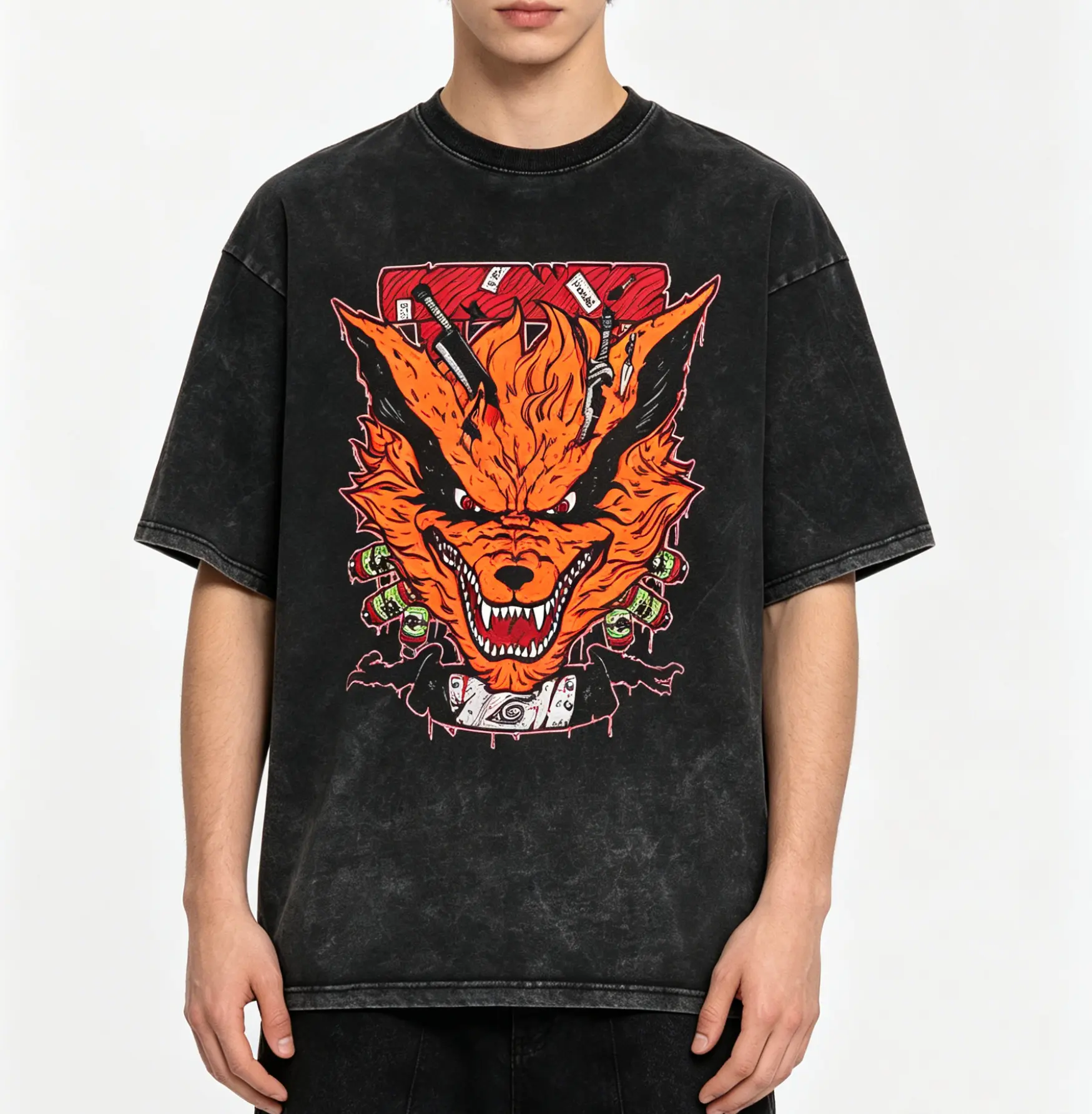 Vintage Washed Nine Tails Anime Graphic Tee 100% Cotton Kurama Oversized T-Shirt Retro Naruto Shippuden Edgy Streetwear Tshirt