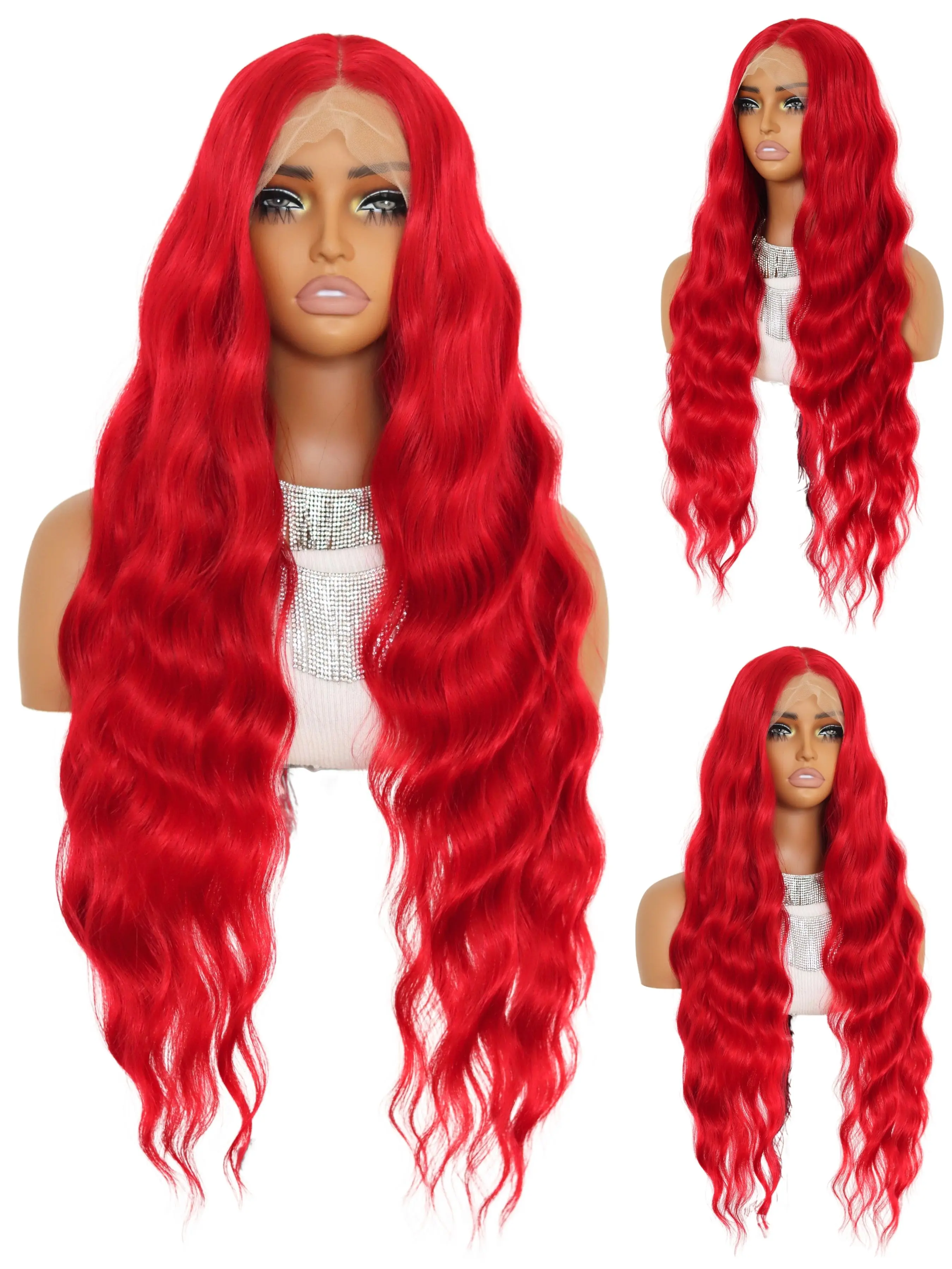 Long Red Wavy Lace Front Wig Bright Red Body Wavy Heat  display picture 1