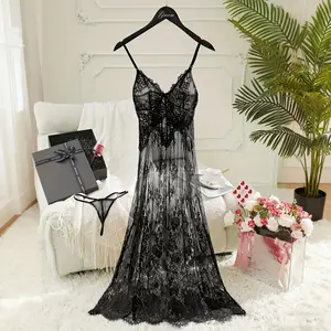 Women's lace glamorous pajama set with halter maxi skirt and panties.Deep V-neck design, all over is delicate lace pattern, the material is light and see-through, the overall style is seductive and flirtatious Elegant Nightwear