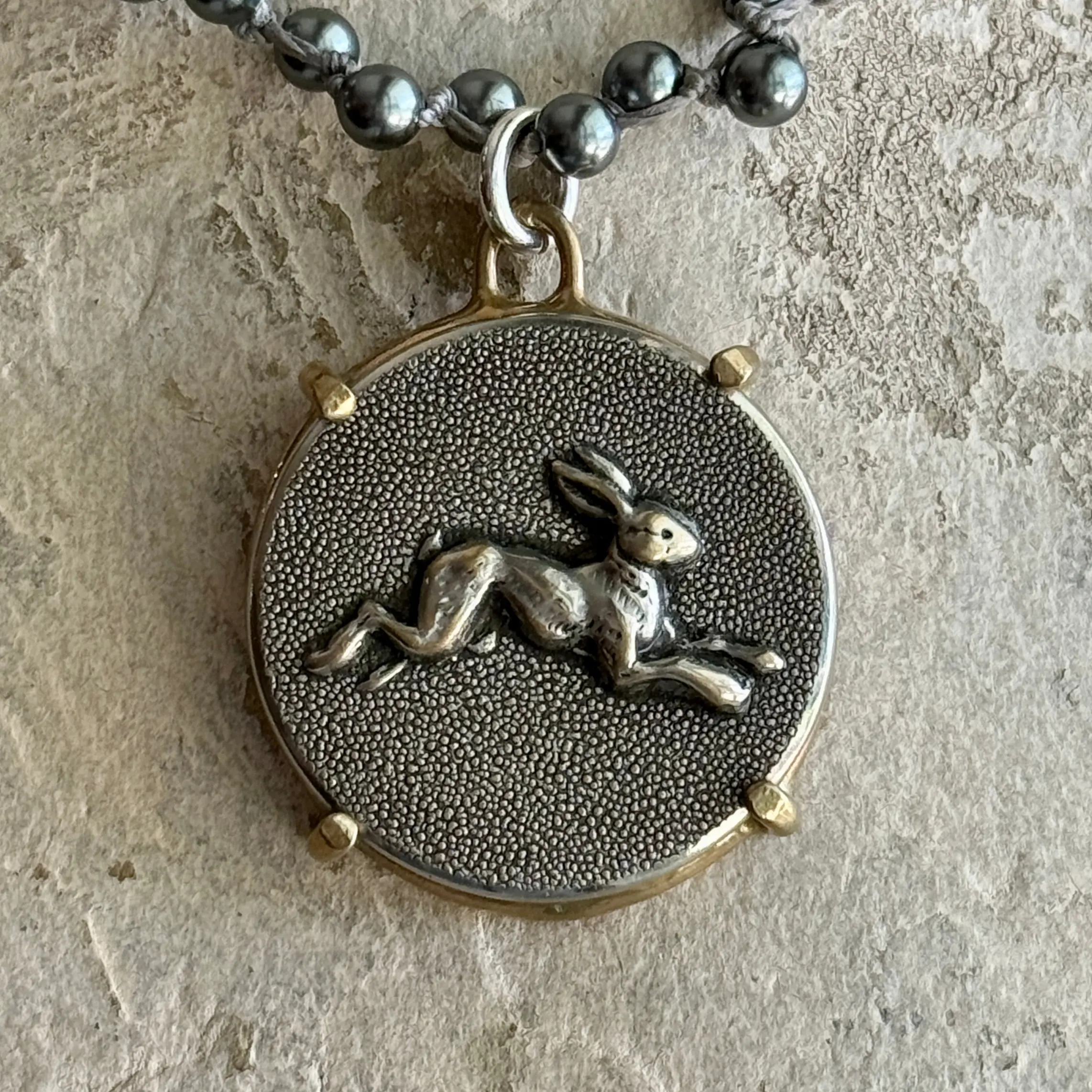 Large Silver Hopping Hare Button Necklace