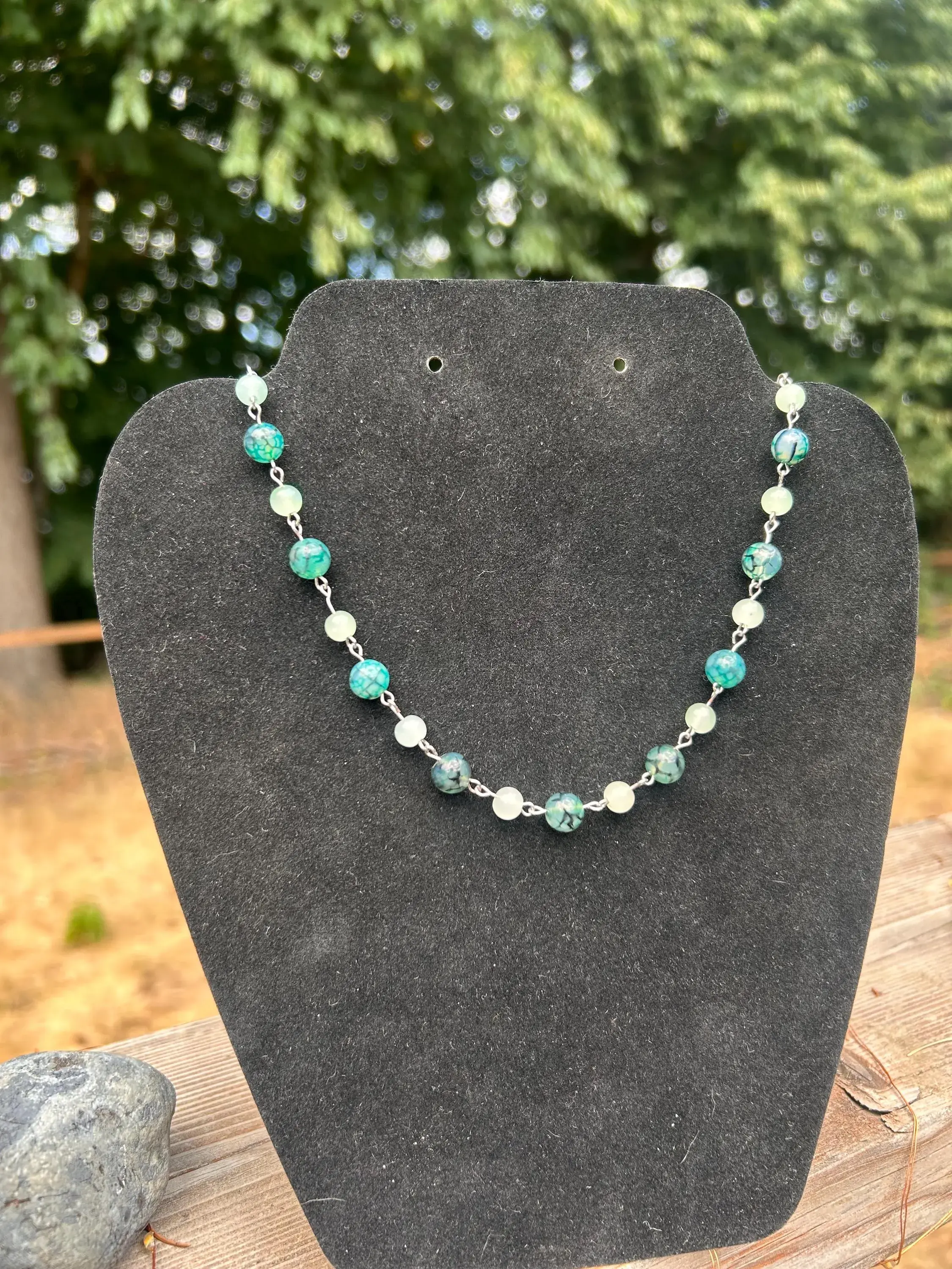 Enchanted Forest Necklace | Teal Cracked Glass & Jade | Silver Wire-Wrapped Choker