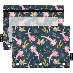 Axolotl Pencil Pouches for 3 Ring Binder,2 Pack 3 Ring Binder Pencil Case With Zipper Reinforced Grommets,Pencil Bags for Office Organizers