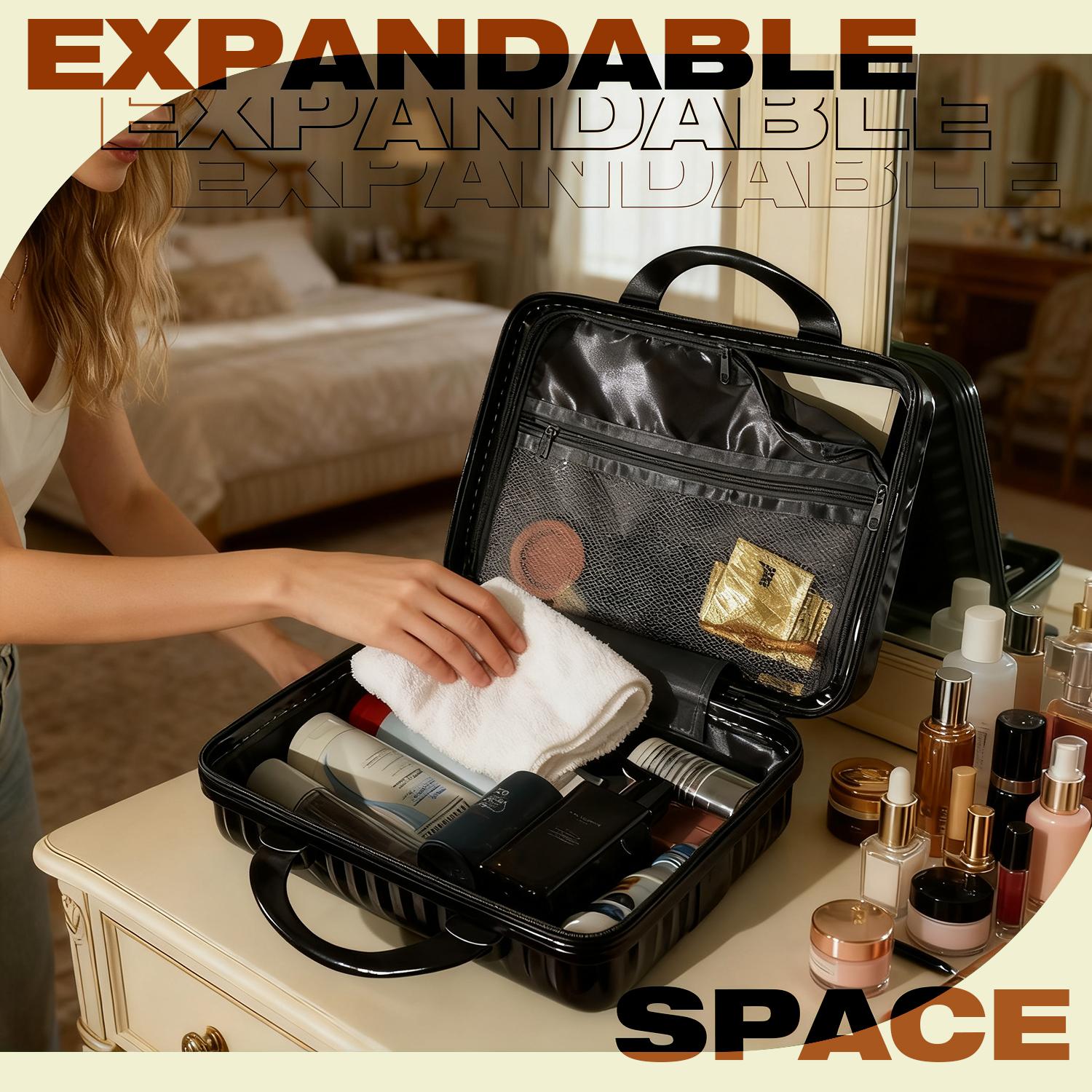 Black Vertical Stripe Hard Shell Makeup Case | Portable Mini Travel Cosmetic Organizer with Elastic Straps | Durable ABS Vanity Bag