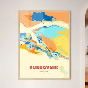 Colorful Dubrovnik Croatia Blue Orange Fine Art Print Hrvatska City Map Customizable Poster Personalized Gift