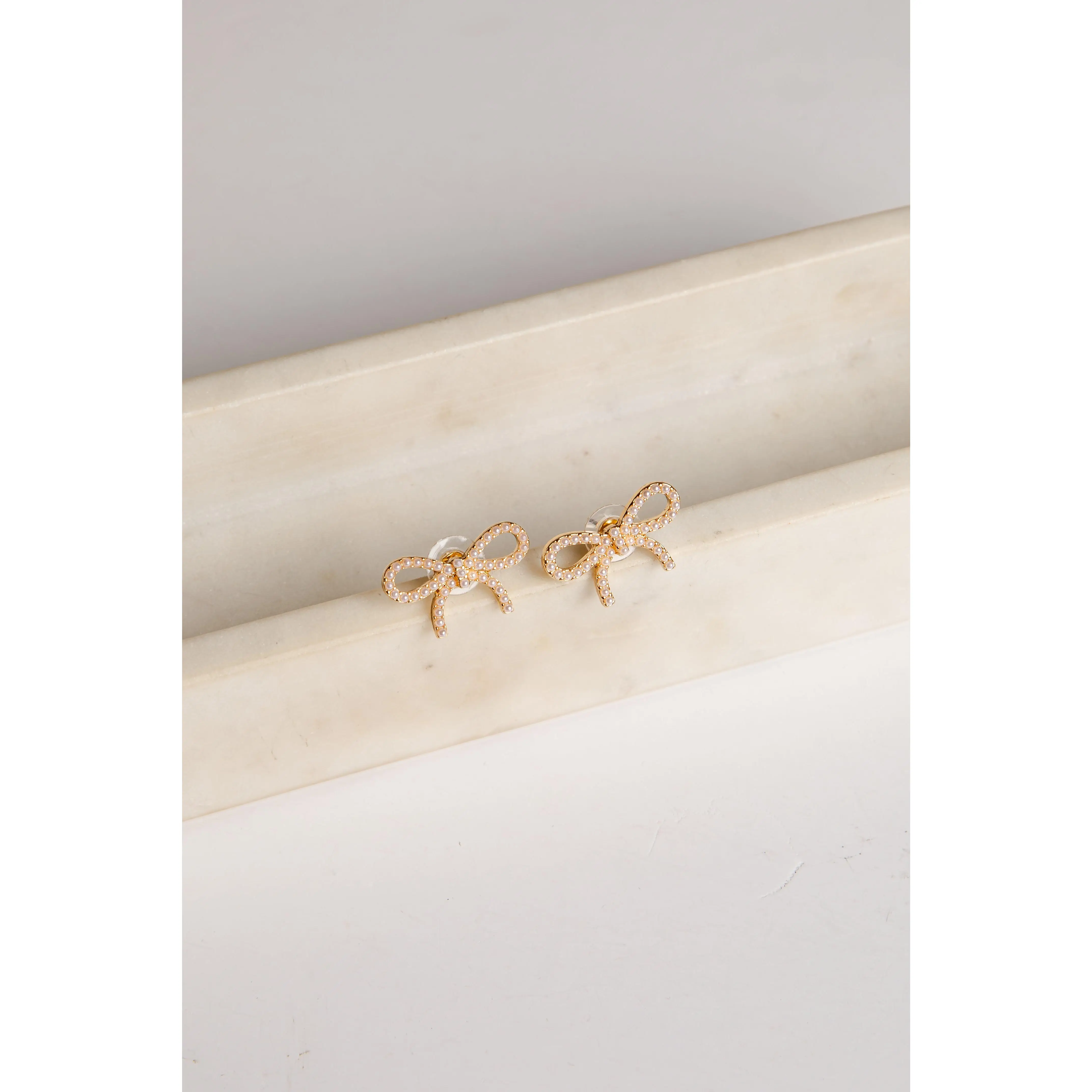 Eris Gold Pearl Bow Stud Earrings