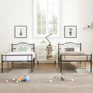 2Pcs Twin Size Bed Frame, Metal Mattress Base, No Box Spring Required, Durable/Easy To Install, Black Kids Plush Rocking Horse Chair Bear