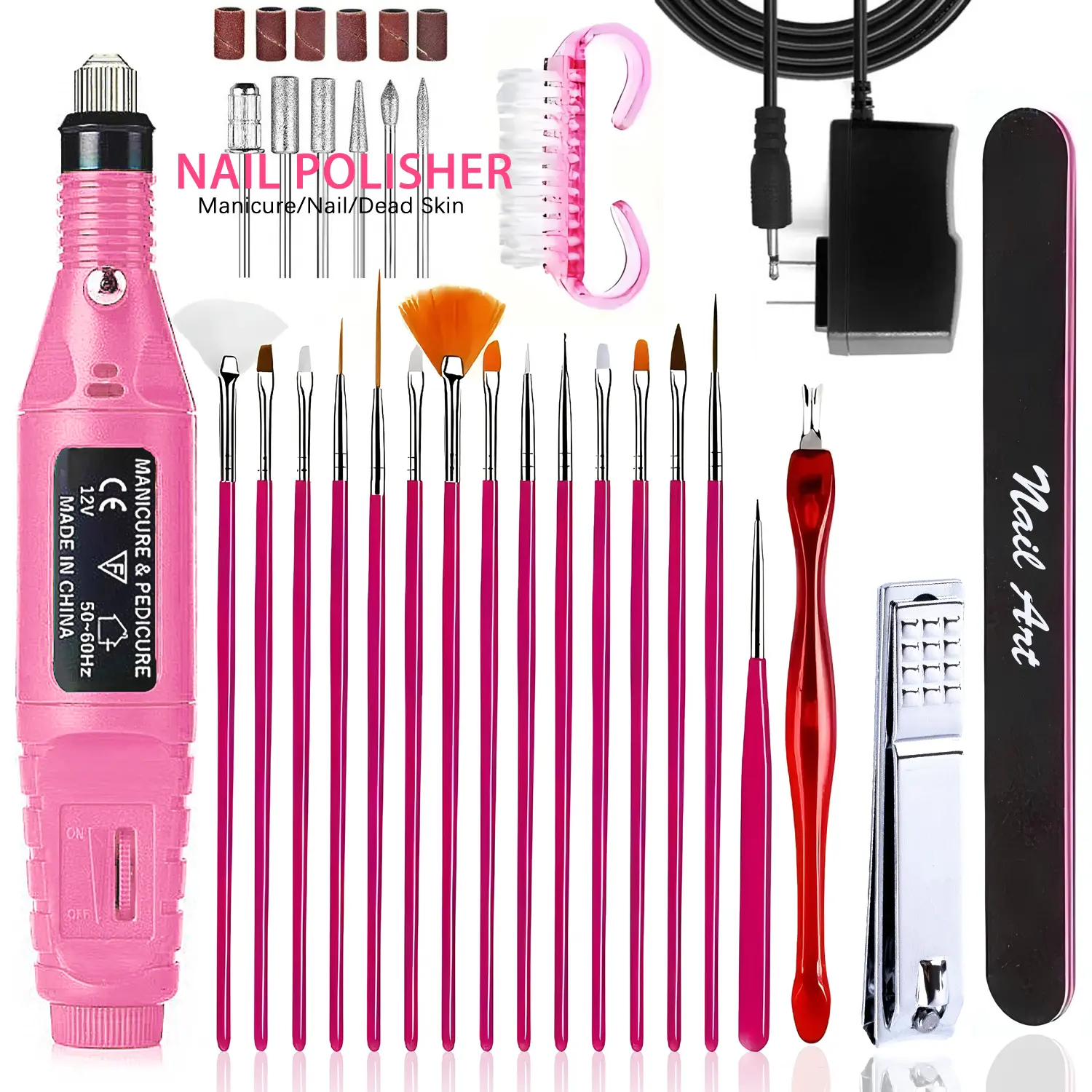 Manicure Removal Exfoliation Nail Drill Polish Pen US Plug Interface Head Set/15pcs Art Brush/Cutter/6pcs Drill Head/Nail File/ Replaceable Drill Sets Metal Tip Machine Electric Manicure Milling Cutter Kit For Gel Polish Tool 4 Color Select Black
