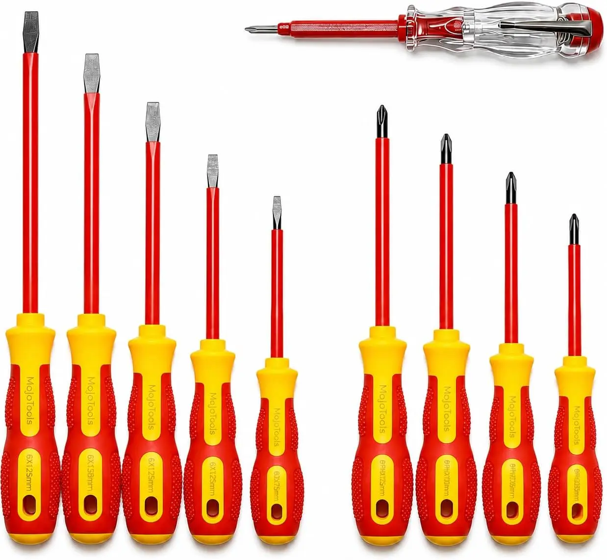 10-Piece 1000V Rated Insulated Screwdriver Set for Electricians, CrV Steel, Magnetic Tips, Slim Ergonomic Grip, Voltage Tester, Zipper Case (Slotted/Flathead & Phillips)