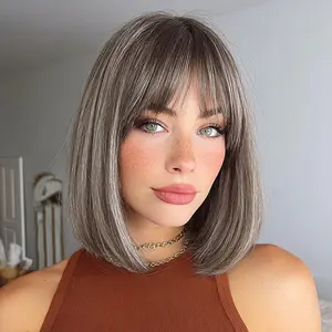 SMILCO/12-inch Gray Brown Highlight Short Hair Straight Bob Wig with Bangs Glueless Adjustable Rose Mesh Bottom Synthetic Wig for Daily Wear/SM164