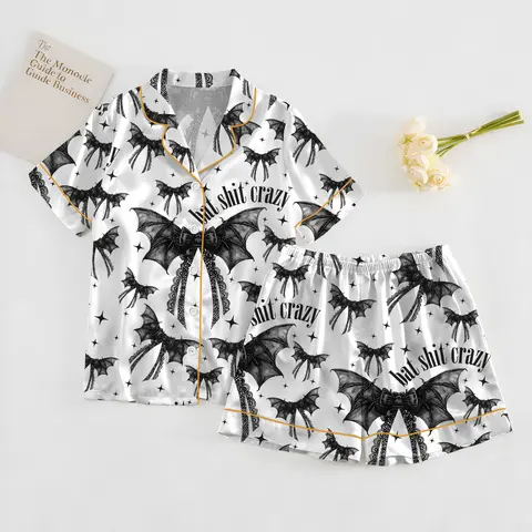 Women's Gothic Coquette Cute Comfy Darling Loungewear Glossy Satin Bow Drawstring Pajama Set - Elastic Polyester Fabric, Adjustable Halloween Bat Print, Everyday Black Adult Homewear Sleepwear Gift, Breathable