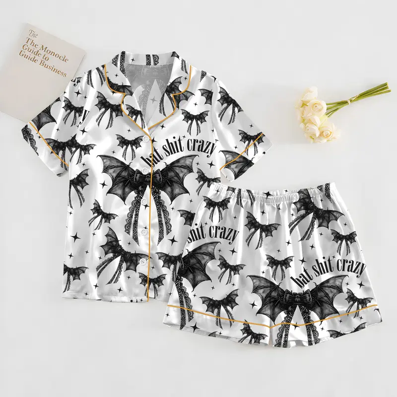 Women's Gothic Coquette Cute Comfy Darling Loungewear Glossy Satin Bow Drawstring Pajama Set - Elastic Polyester Fabric, Adjustable Halloween Bat Print, Everyday Black Adult Homewear Sleepwear Gift, Breathable
