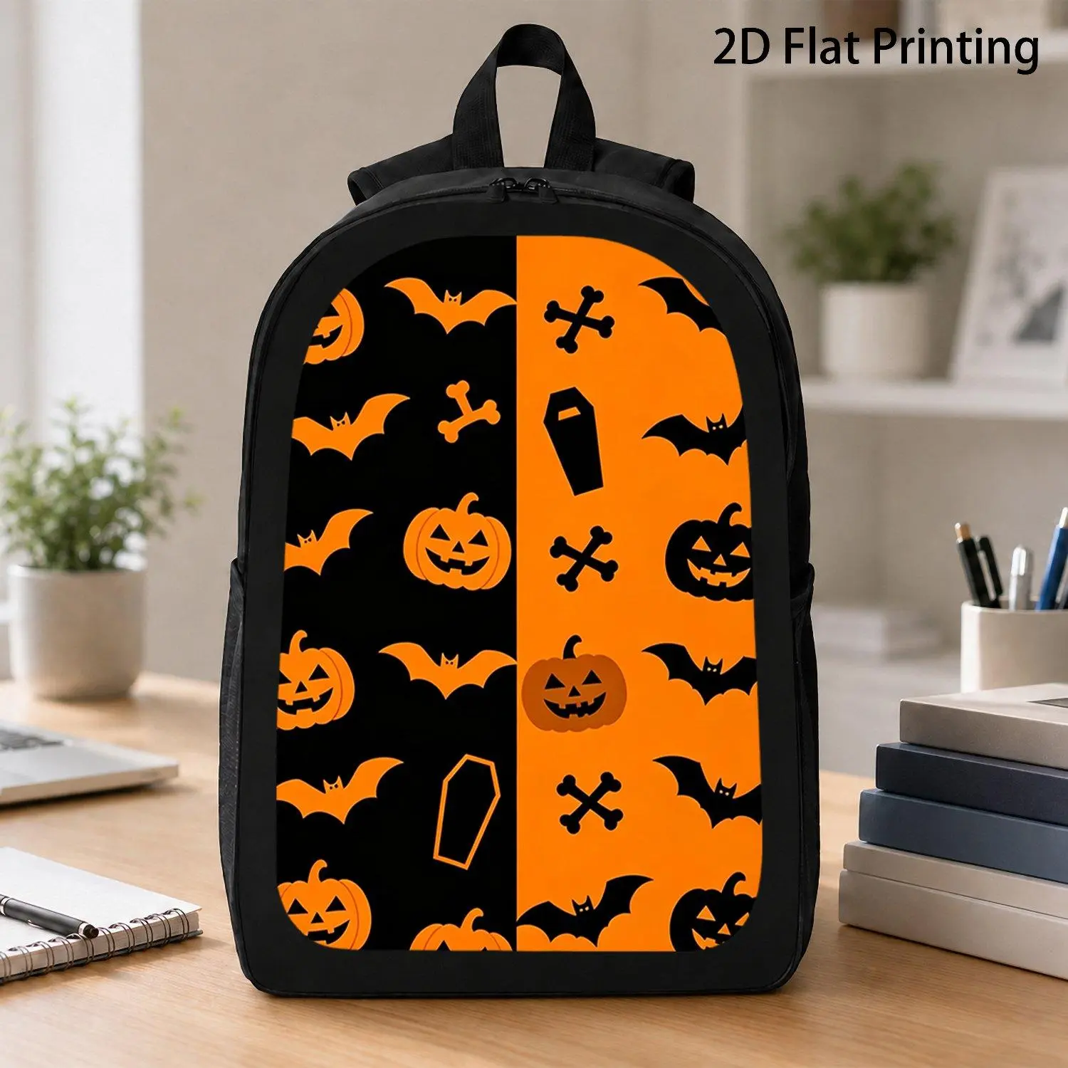 1pc 2D Printed Halloween Split Black Orange Bat Jack O Lantern Coffin Crossbone Silhouette Seamless Pattern Durable Large Autumn Festival Casual Use Backpack Bag Pack Rucksack Daypack Hiking School College Work Travel