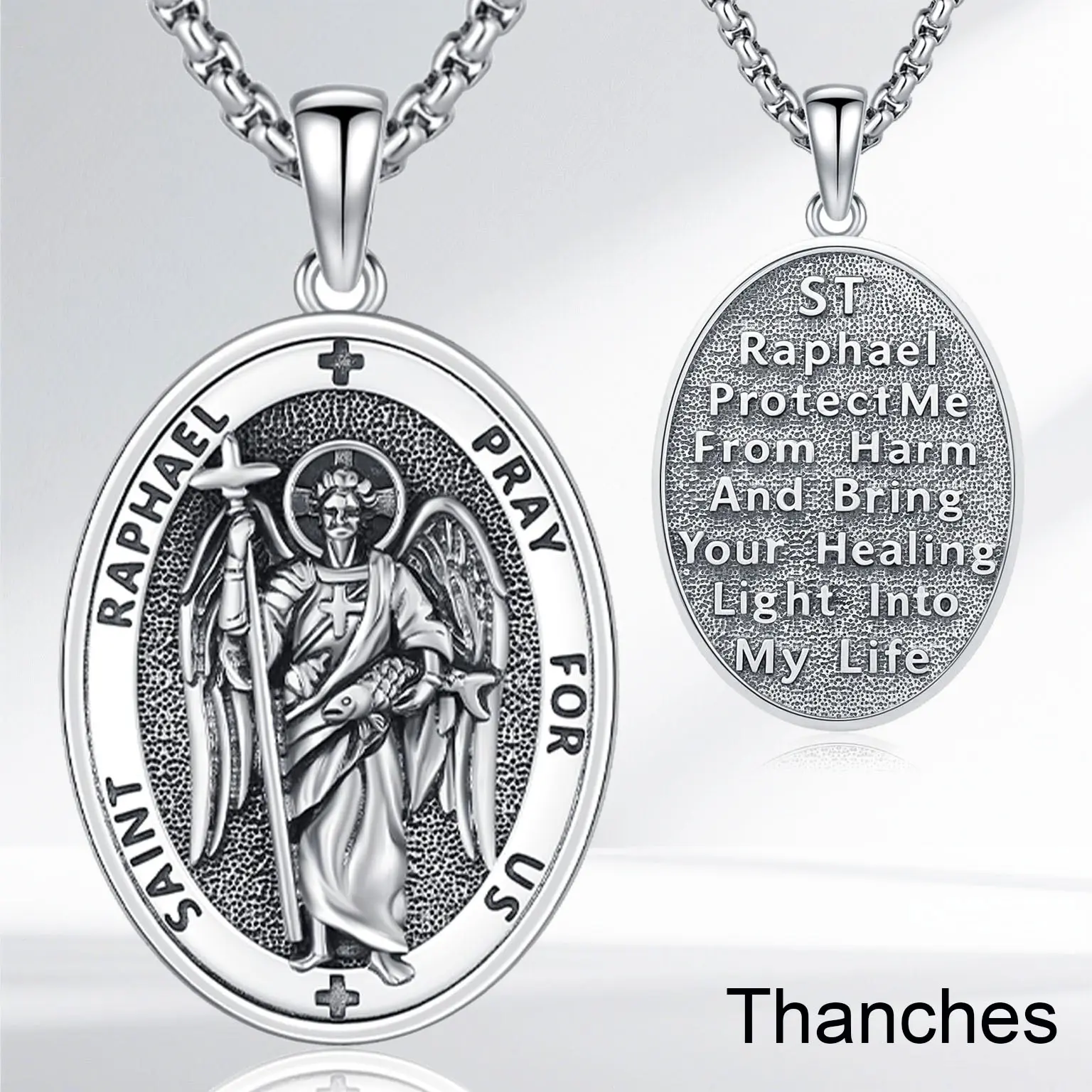 Thanches Saint Raphael Necklace S925 Sterling Silver Christian Archangel Medal Faith Protection Amulet Jewelry for Women Men