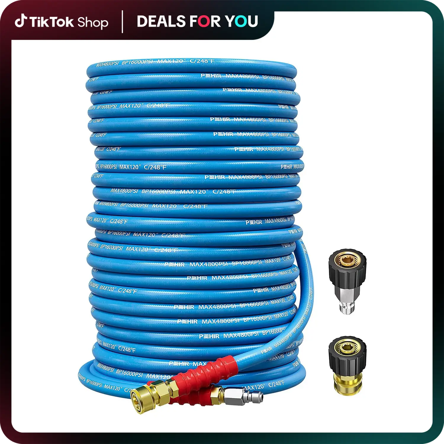 Dealsforyoudays POHIR Pressure Washer Hose 50FT 3/8" for Cold & Hot Water (Up to 248℉) 4800 PSI Kink Resistant Industrial Grade Steel Wire Braided QC