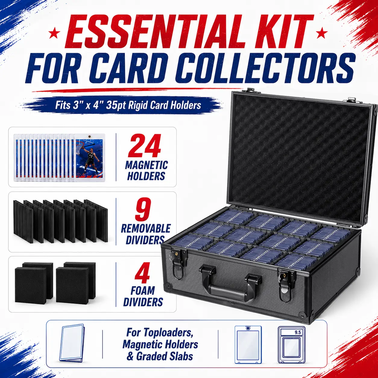 KACOOMI Sports MTG YGO PTCG Card Storage Case for 3”x 4” 35pt Rigid Card Graded Card Organizer Box with 9 Dividers 24pcs Magnetic Holder for PSA BGS SGC Holds 600+ Toploaders or 144+ Magnetic Cards