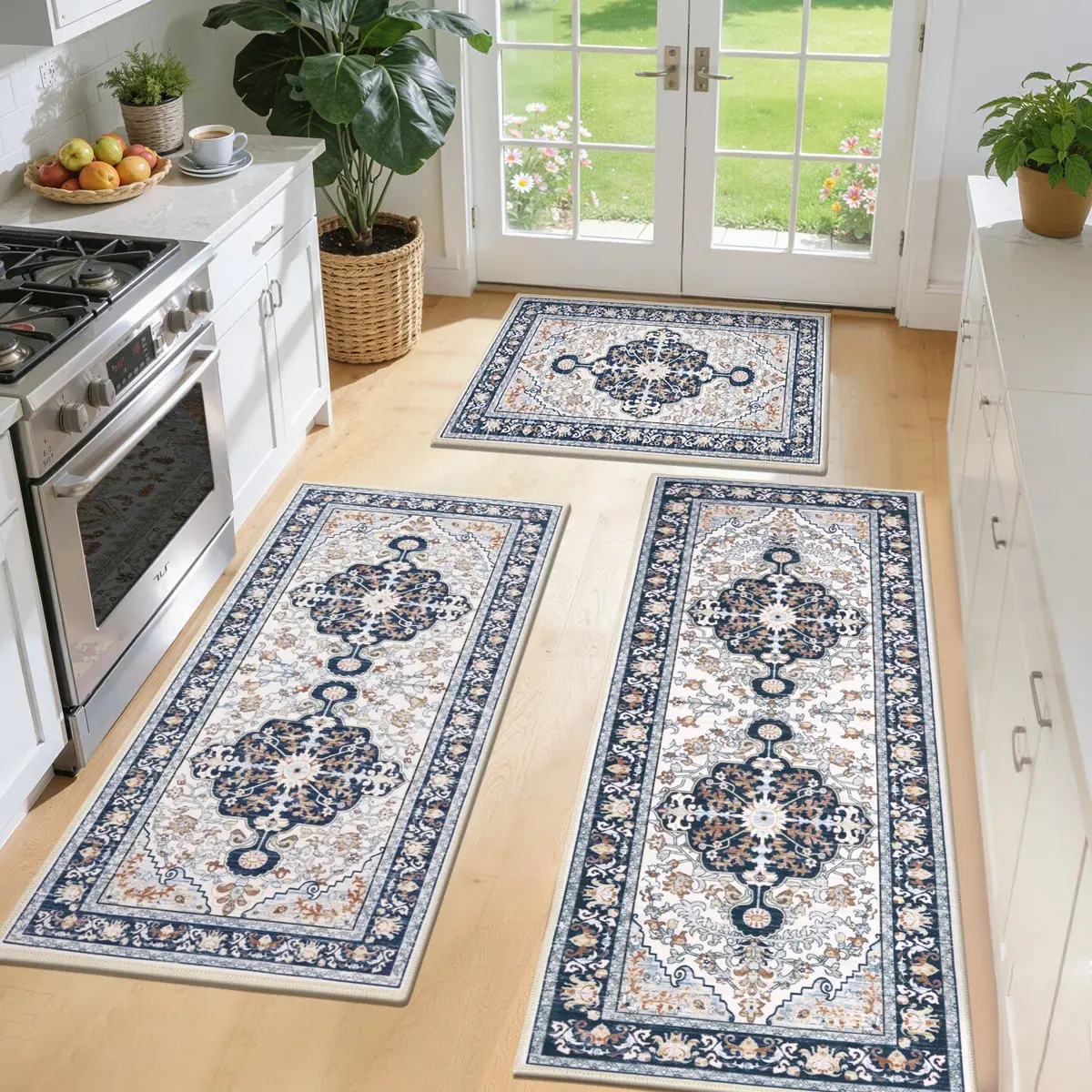 Yamaziot Boho Washable Kitchen Rugs Sets of 3, Non Slip Kitchen Mats for Floor with Rubber Backing, Waterproof & Stain Resistant Thick Carpet Runner Throw Rugs for Kitchen, Laundry Room, Hallway