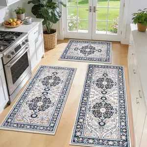 Yamaziot Boho Washable Kitchen Rugs Sets of 3, Non Slip Kitchen Mats for Floor with Rubber Backing, Waterproof & Stain Resistant Thick Carpet Runner Throw Rugs for Kitchen, Laundry Room, Hallway