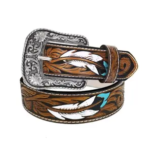Fashion Western Belts - Rustic Brown Faux Leather with Turquoise Feather & Floral Embossing, Alloy Buckle - Ideal for Jeans, Dresses & Country Outfits - Adjustable 7-Hole Design, Perfect Gift