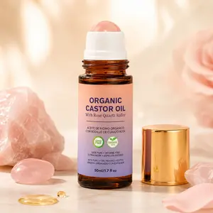 Natural Castor Oil Roll-On for Lashes, Brows & Face - Cooling Rose Quartz Massage for Fine Lines & Dry Skin, Mess-Free 1.7oz
